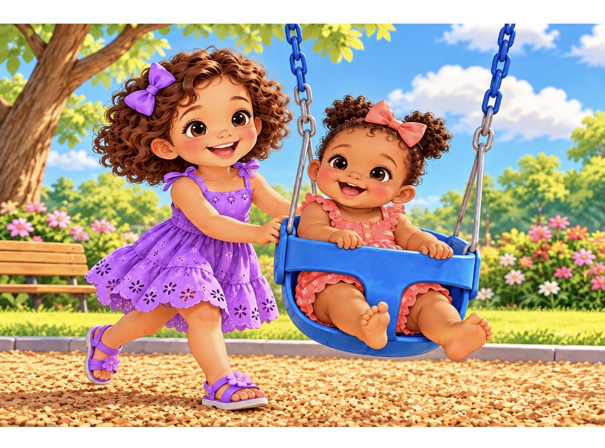 Mabel and Dariya at the blue swing